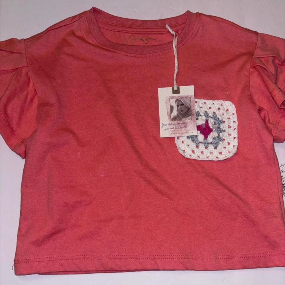 Jessica Simpson Girls Crochet Pocket Flutter Sleeve Tee Coral Pink Size 6 NWT
